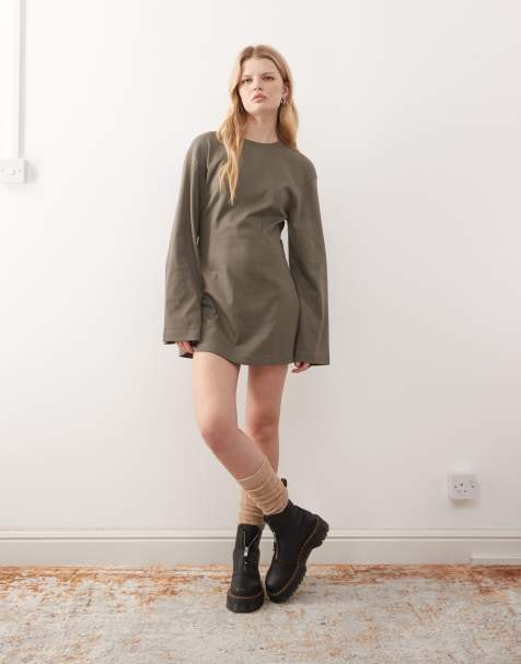 Monki cinched long sleeve mini dress in soft olive