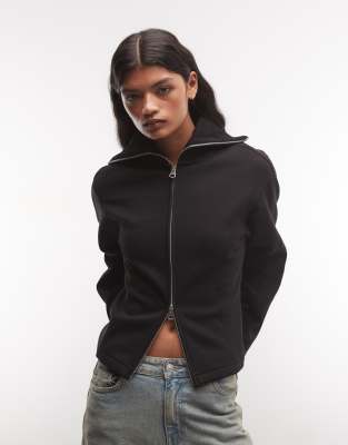Monki Cinched Waist Funnel Neck Zip Sweatshirt In Black