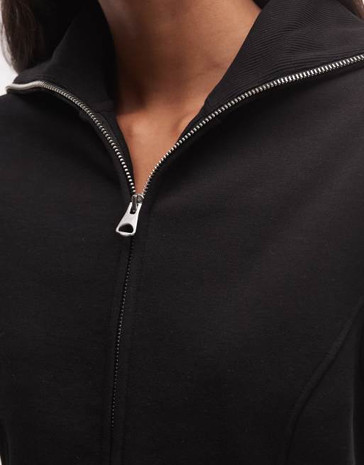 Monki cinched waist funnel neck zip sweatshirt in black, 3 of 4