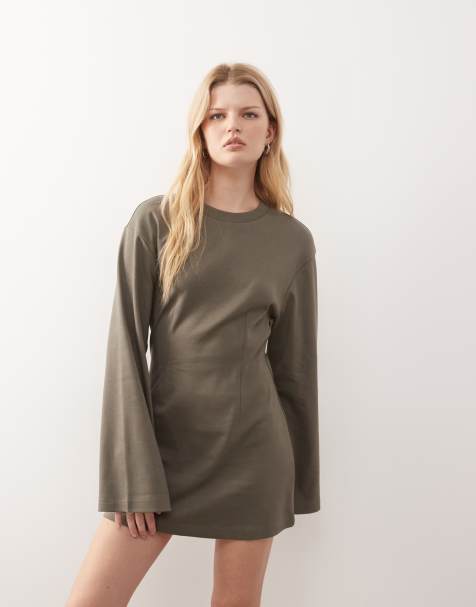 Monki cinched waist long sleeve mini dress in khaki - view 1