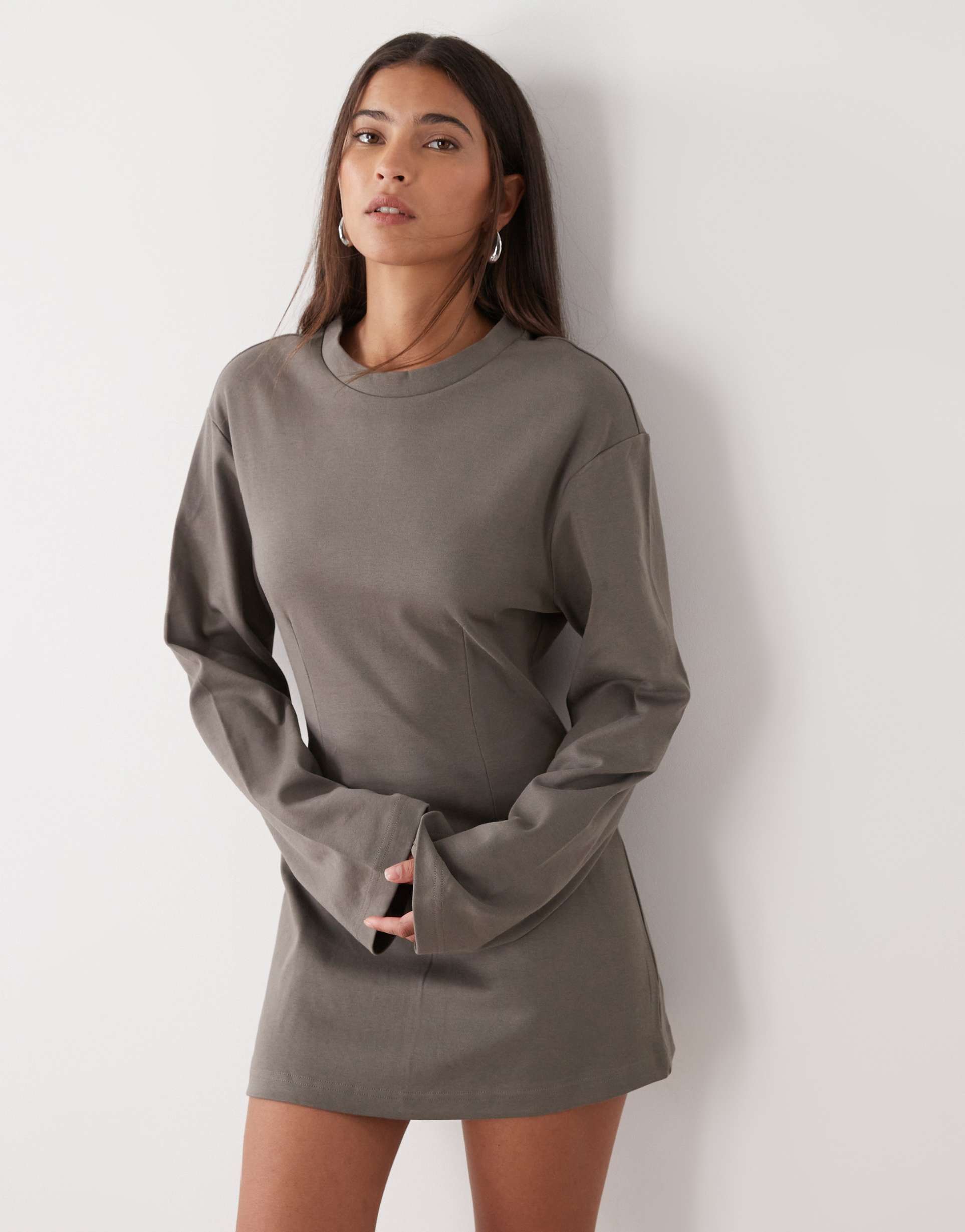 monki cinched waist long sleeve mini dress in khaki