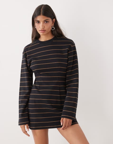 Monki cinched waist long sleeve mini T-shirt dress in black stripe - view 1