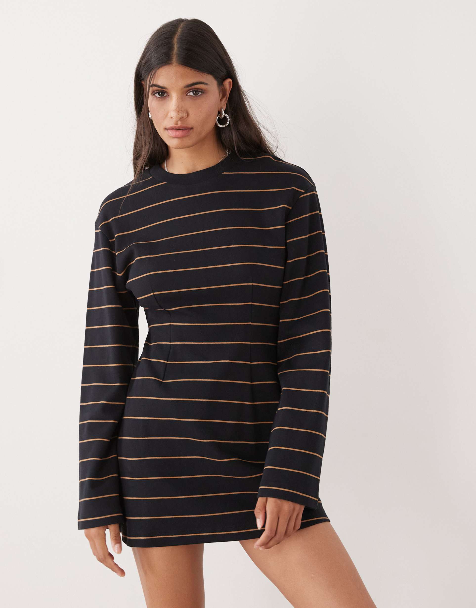 monki cinched waist long sleeve mini t-shirt dress in black stripe