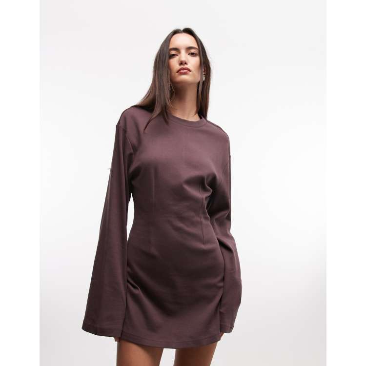 monki brown dress Monki - Cinched Waist Long Sleeve Mini T-Shirt Dress - Women - Cotton - XS