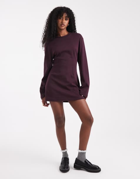 Monki cinched waist long sleeve mini t-shirt dress in plum - view 1