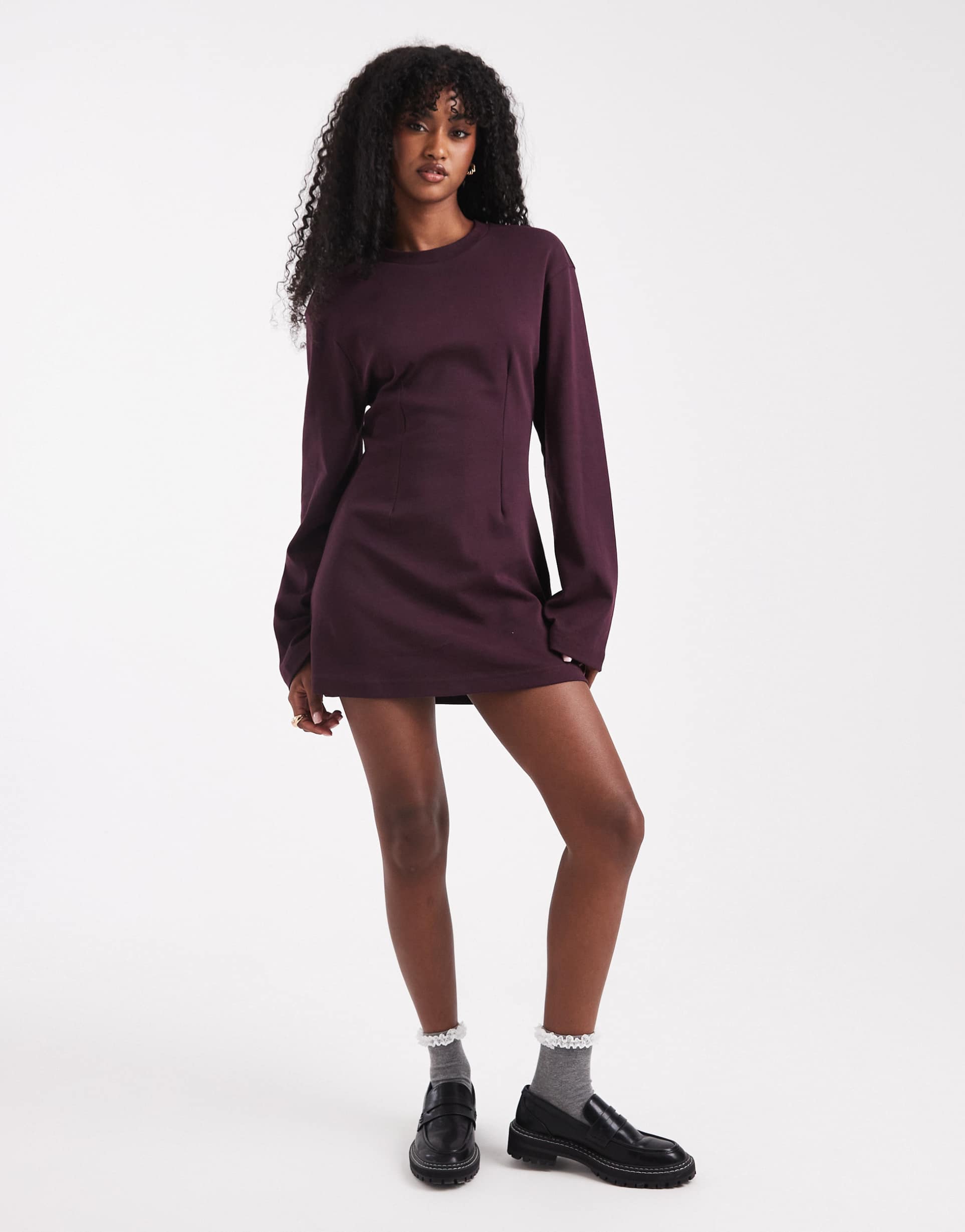 monki cinched waist long sleeve mini t-shirt dress in plum