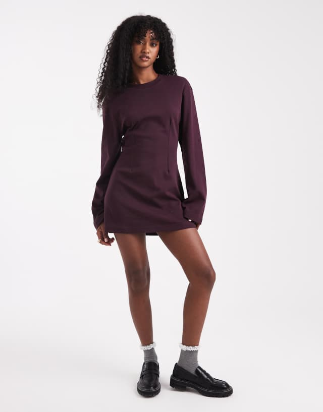 Monki Cinched Waist Long Sleeve Mini T-Shirt Dress in plum-Purple