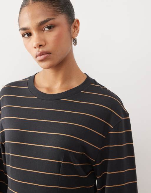 Monki cinched waist long sleeve structured jersey top in black stripe, 3 of 4