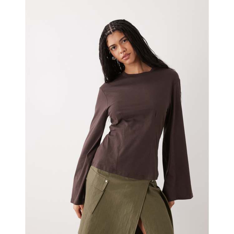 Monki cinched waist long sleeve structured jersey top in chocolate