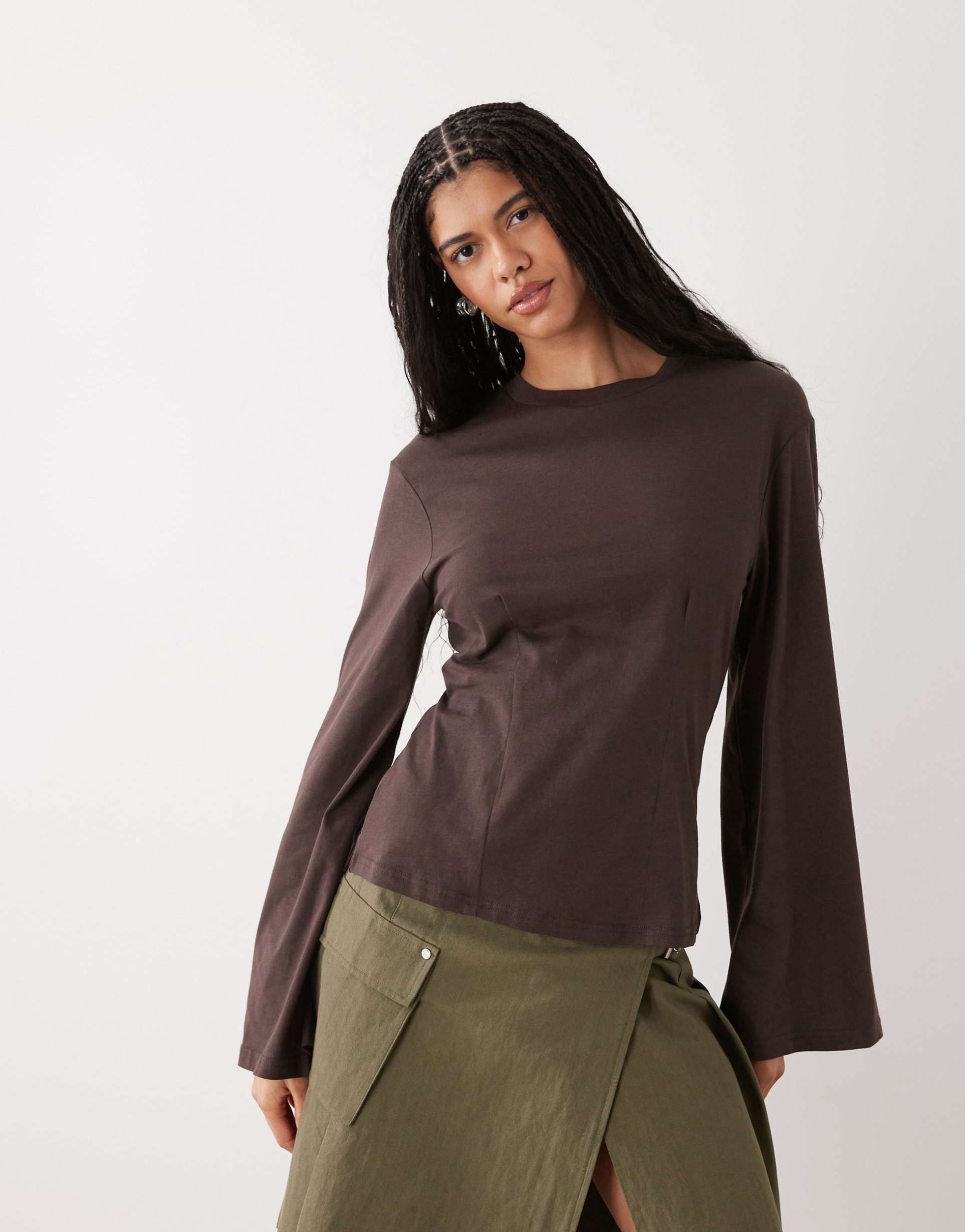 monki cinched waist long sleeve structured jersey top in chocolate brown