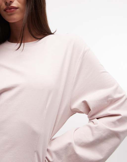 Monki cinched waist long sleeve structured jersey top in dusty pink, 4 of 4
