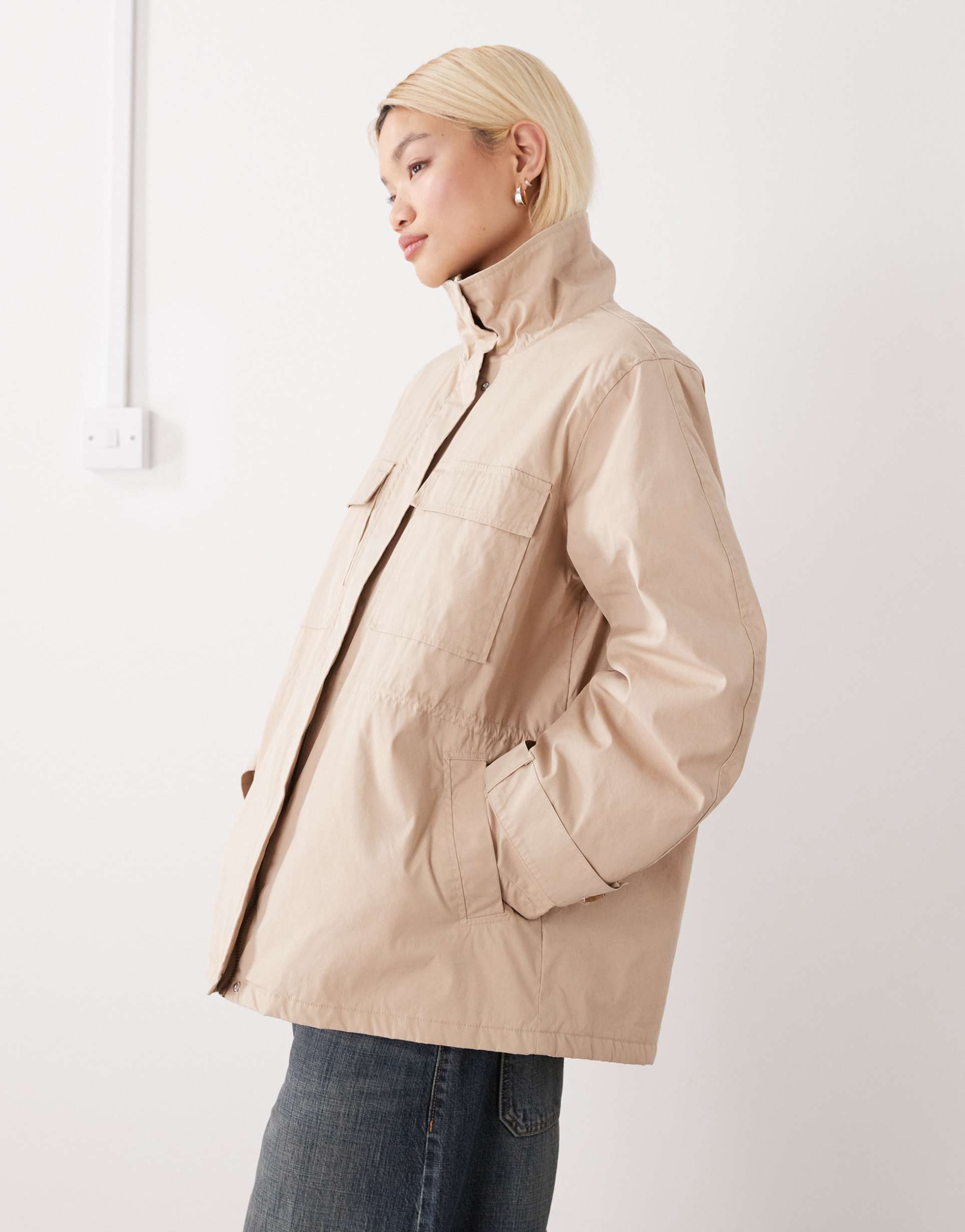 monki cinched waist parka jacket with detachable faux fur collar in beige