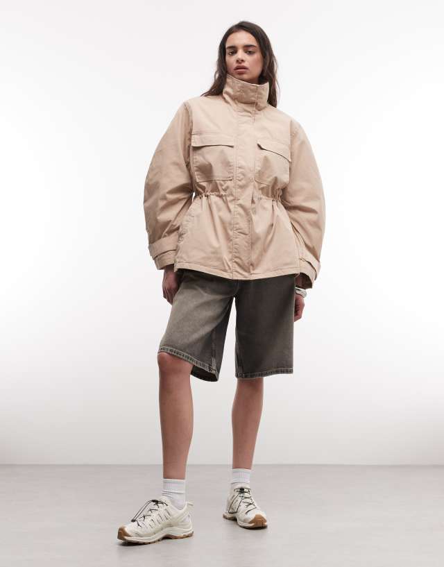 Monki cinched waist parka jacket with detachable faux fur collar