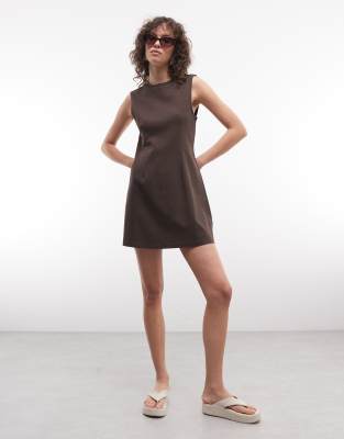 Monki cinched waist sleeveless mini dress in chocolate brown