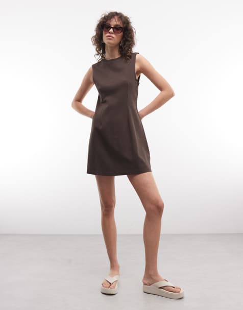 Monki cinched waist sleeveless mini dress in chocolate brown - view 1