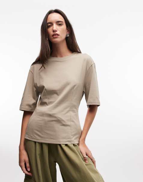 Monki cinched waist t-shirt in khaki - view 1