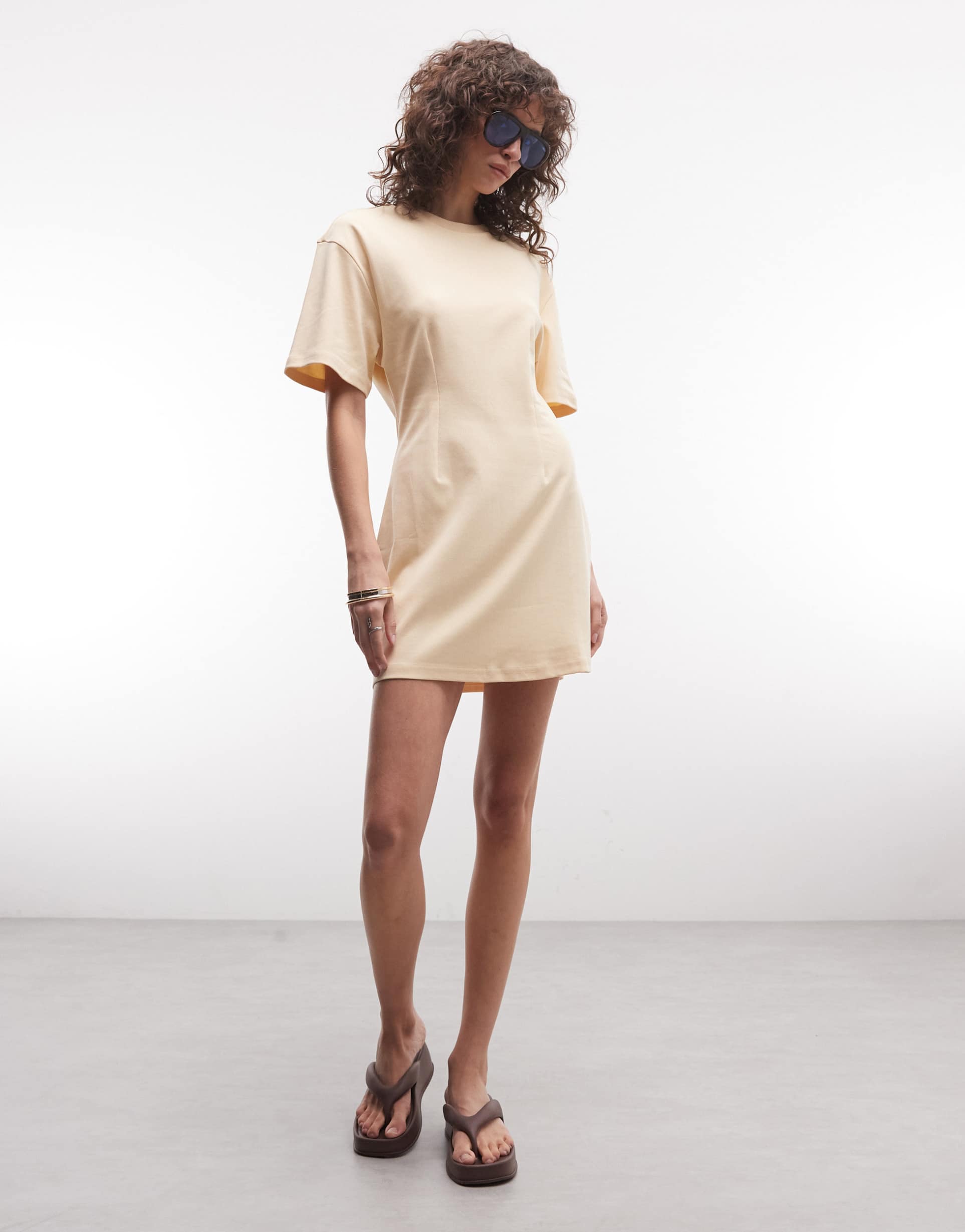 monki cinched waist t-shirt mini dress in butter yellow