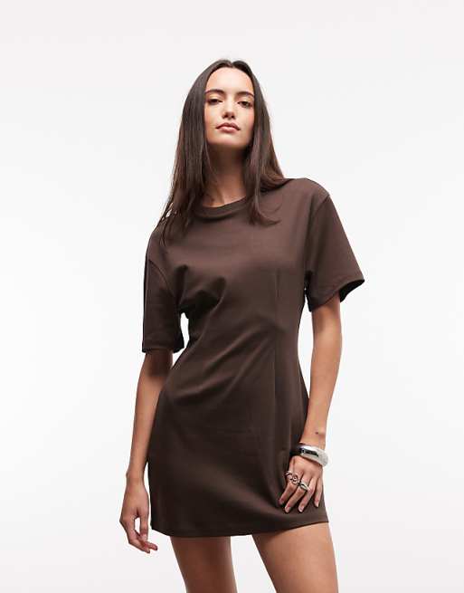 Monki cinched waist t-shirt mini dress in chocolate brown