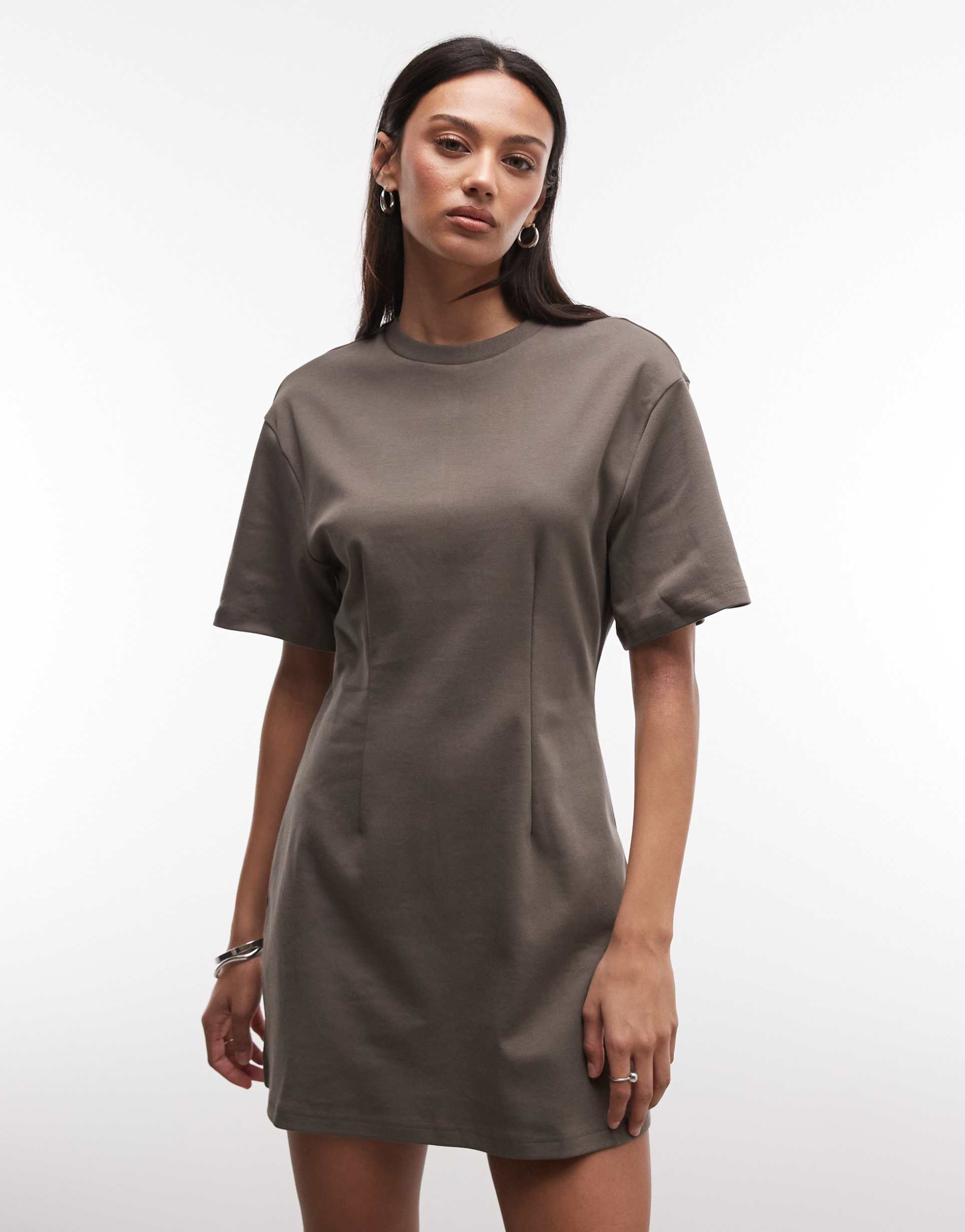 monki cinched waist t-shirt mini dress in deep olive