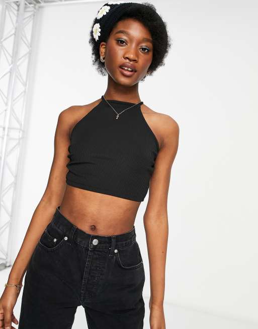 Monki Cion crop top with tie back in black