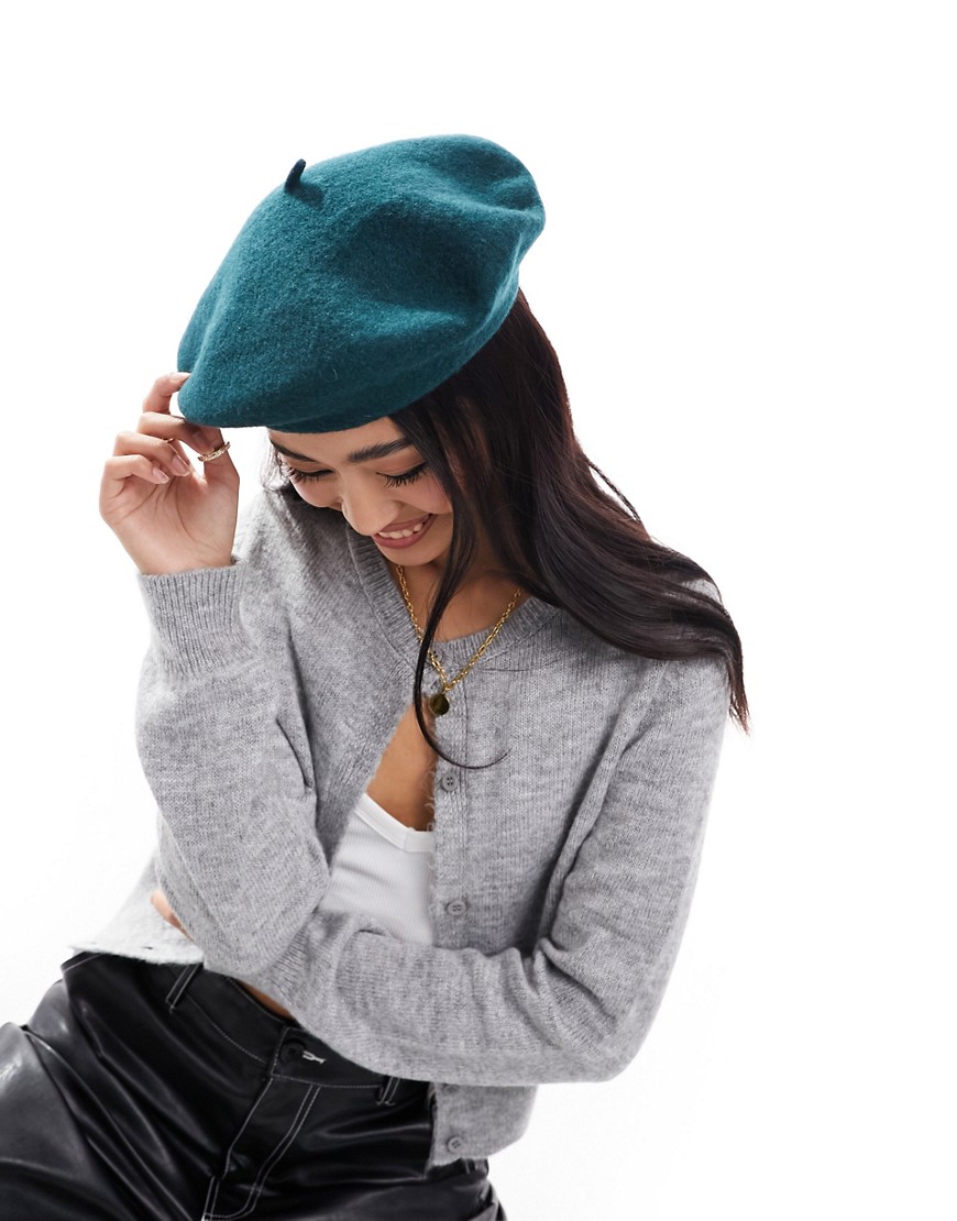 Monki classic beret hat in forest green