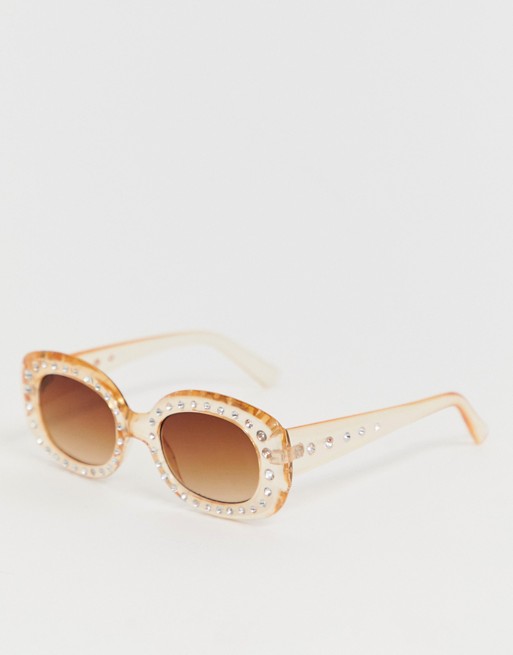 Monki clear frame sunglasses with rhinestones in beige