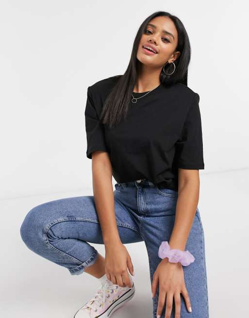 Monki Cleo cotton shoulder pad t-shirt in black - BLACK