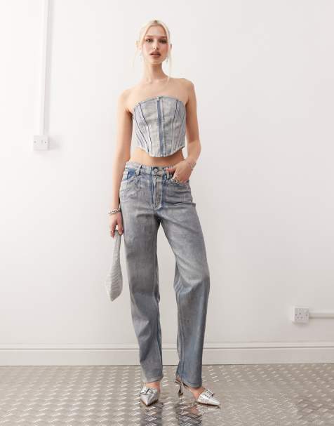 Monki co-ord Aimo straight leg jeans in holographic wash - view 1