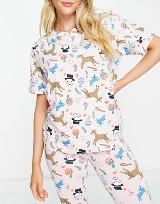 Monki co-ord Christmas pyjama top in pink all over print