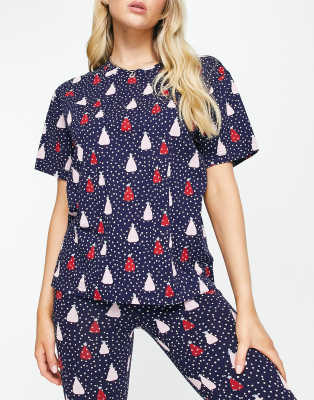Monki Monki co-ord Christmas tree pyjama top in navy