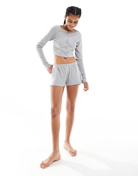 Monki co-ord cropped button up cotton cardigan and jersey shorts in grey melange - view 1