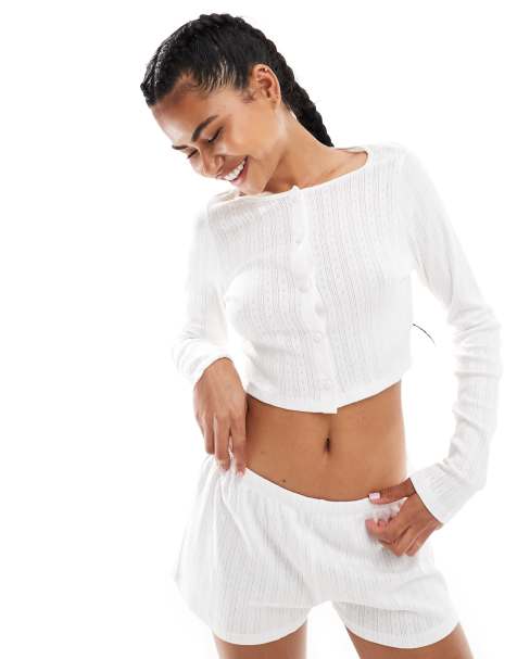 Monki co-ord cropped button up cotton cardigan in white - view 1