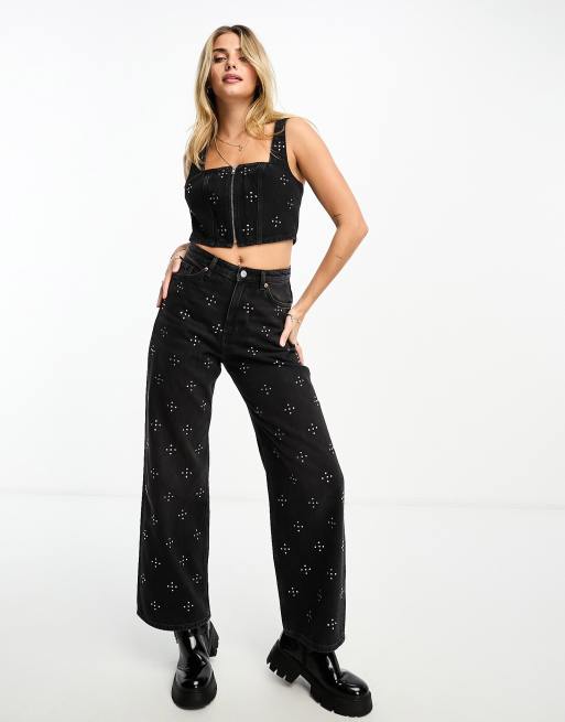 Monki co-ord denim crop top with front zip up and rhinestone embellishment  in washed black