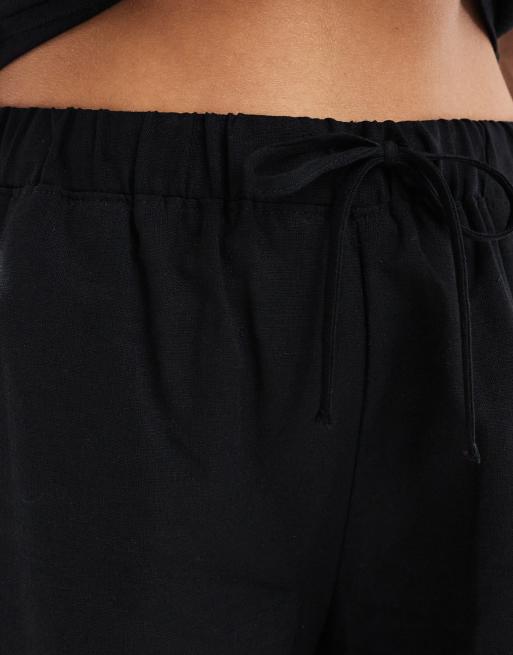 Monki co-ord drawstring waist linen shorts in black, 3 of 5