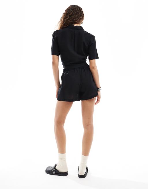 Monki co-ord drawstring waist linen shorts in black, 5 of 5