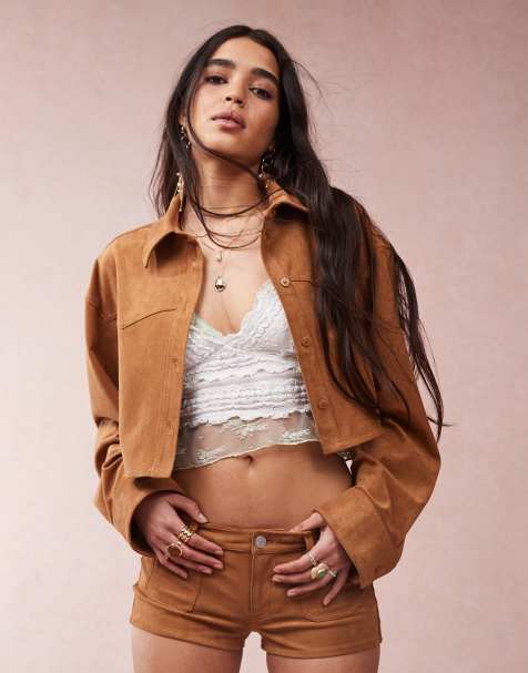 Monki co-ord faux suede shirt with western detail in tan - view 1