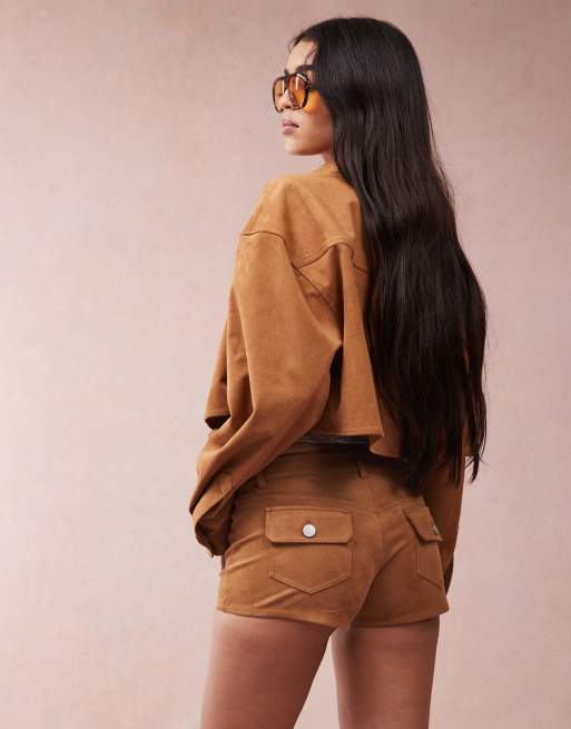 Monki co-ord faux suede shirt with western detail in tan, 4 of 4