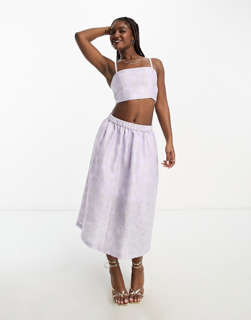 Monki co-ord floral shimmer brocade midi skirt in lilac-Purple