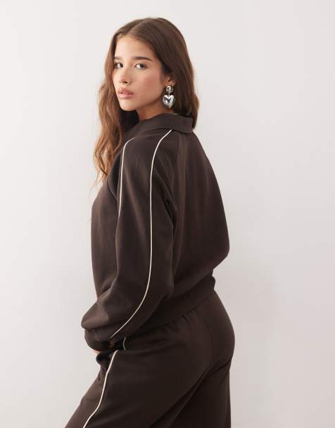 Monki co-ord half zip sweatshirt with beige piping detail in dark chocolate brown - view 1