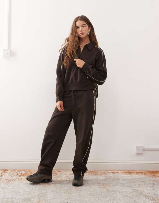 Monki co-ord half zip sweatshirt with beige piping detail in dark