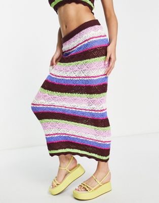 Monki co-ord knit crochet midi skirt in multi stripe