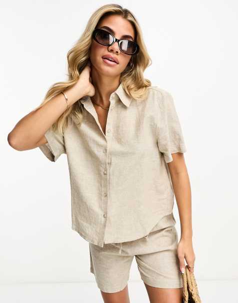 Monki co-ord linen boxy shirt in beige - view 1
