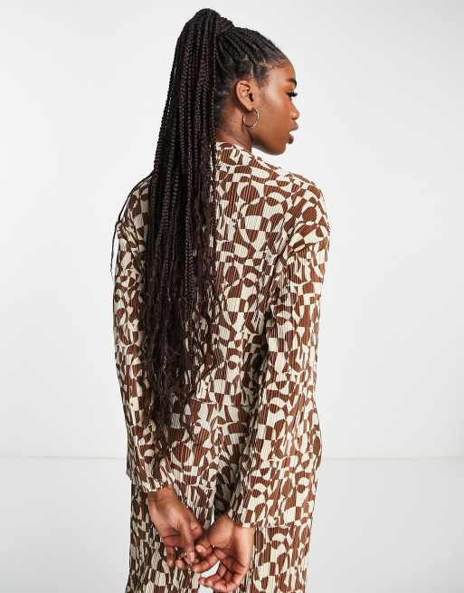 Monki co-ord long sleeve plisse top in brown retro circle print