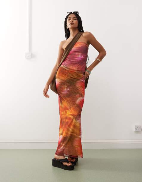Monki co-ord mesh maxi skirt in pink & orange tropical flower print - view 1