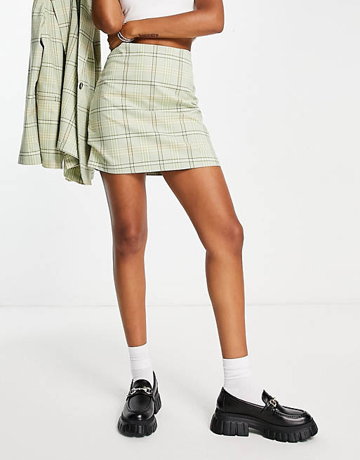 Monki co-ord mini skirt in pale green check | ASOS