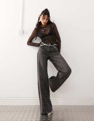 Monki co-ord Paz mid waist loose wide leg embellished jeans in black