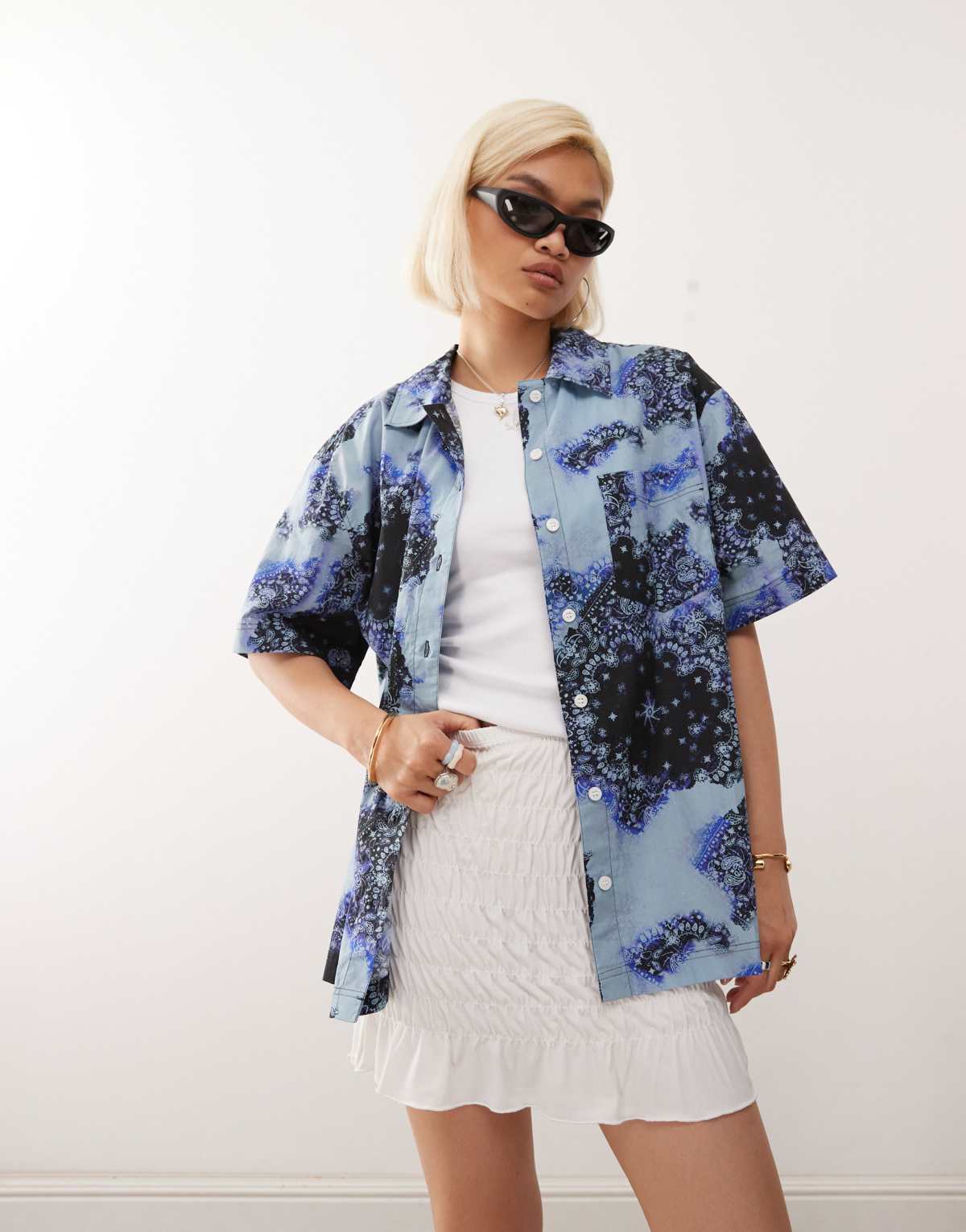 Monki co-ord poplin short sleeve shirt in blue scarf print