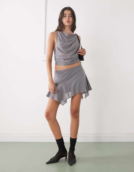 Monki co-ord rhinestone flippy mini skirt in grey, 2 of 5
