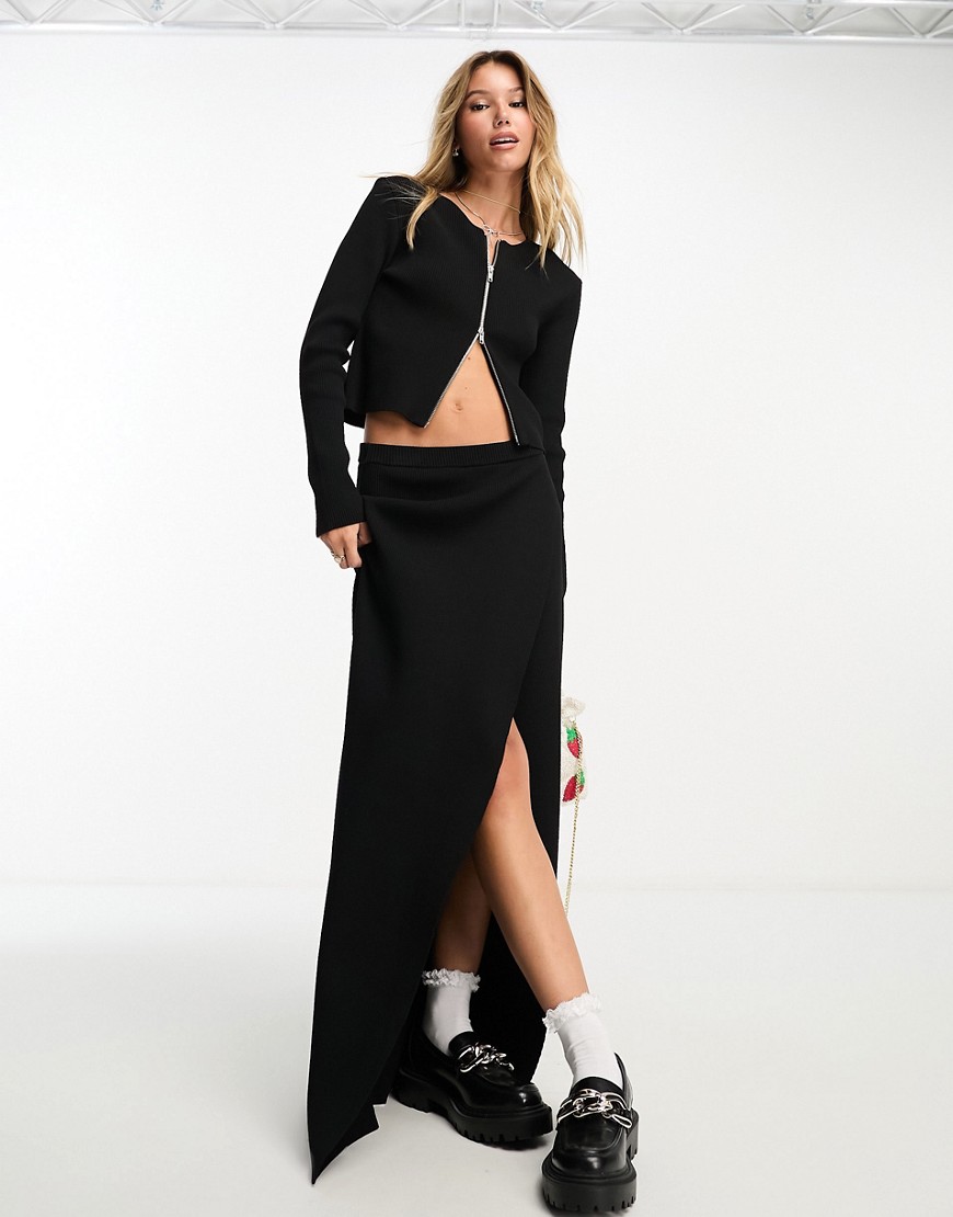 Monki co-ord rib knit maxi skirt in black
