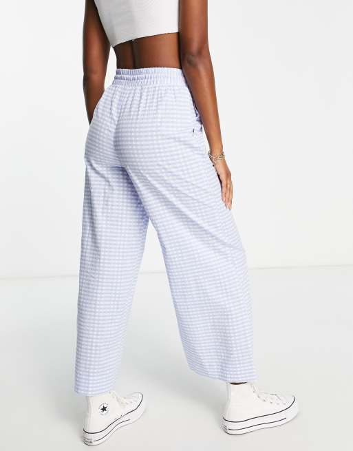 Monki co-ord seersucker relaxed wide leg trousers in blue gingham